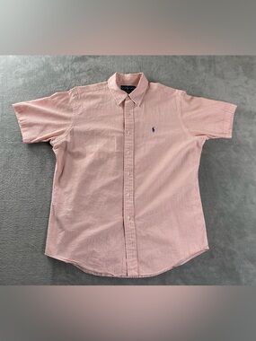 Ralph Lauren Men L Seersucker Orange White Striped Short Sleeve Shirt Custom Fit